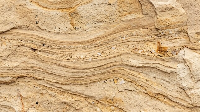 Closeup of natural sandstone texture with wavy sedimentary layers and mineral inclusions