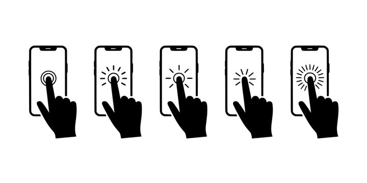 Phones with flashlight being turned on by finger tap illustration set featuring mobile devices, smartphone, light with brightness and touch elements