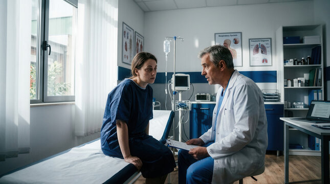 Concerned Patient Consults Doctor in Examination Room Discussing Treatment Options