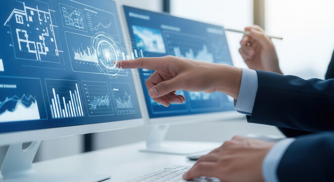 Business Professionals Analyze Data Visualizations On Computer Screens For Strategic Insight