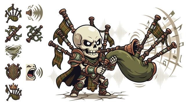 Flat vector illustration of a chibi skeleton undead warrior playing green tartan bagpipes, wearing green and bronze armor with runes, includes game asset icons and musical notes, white background.