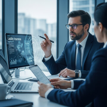 Business Professionals Analyzing Liability Insurance Data on Desktop Computer for Strategic Planning