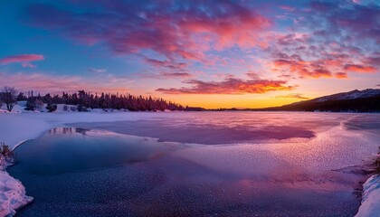 Fototapeta premium Frozen Lake At Sunset With Colorful Sky
