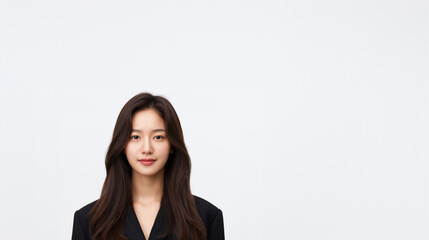 Obraz premium young korean woman with long straight layered hair portrait on white background, stylish asian woman in her twenties with natural hairstyle isolated