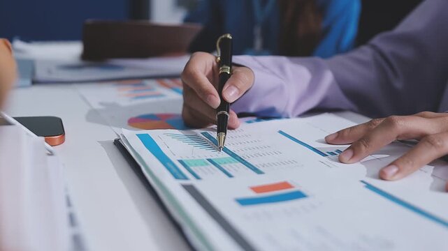 Two accountants examining financial documents using a calculator, taking notes, and discussing results, surrounded by documents and technology in a busy office environment. Audit and taxes in business