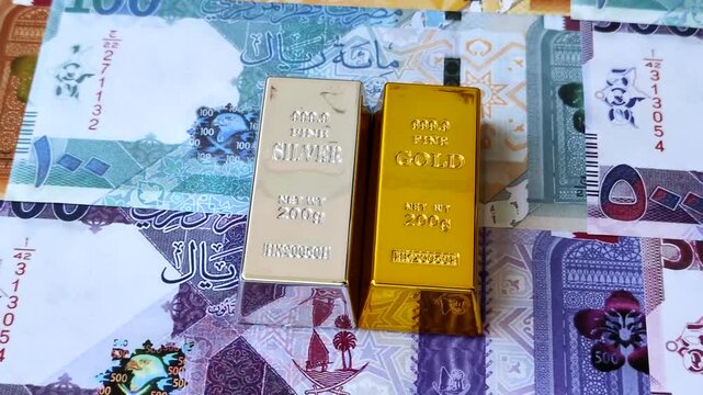 Gold and silver bullion or ingots as metals for bank storage, investments, and financial transactions. Gold and silver bars as a backdrop for your design