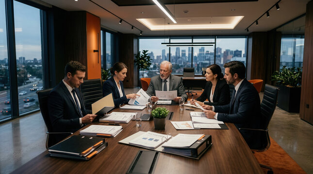 Business Professionals Collaborate in a Boardroom, Analyzing Financial Documents Together