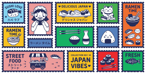 Obraz premium Collection of cute Japanese food stamps featuring sushi, ramen, onigiri, and street food.