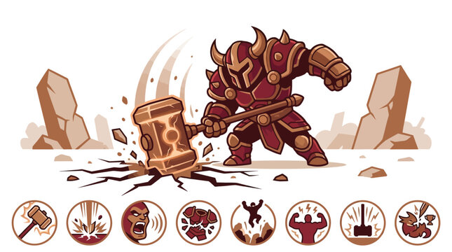 Chibi Armored Warrior Knight Slamming a Glowing Magic Hammer into Ground with Shockwave Effect, Flat Vector RPG Character Design with Circular Skill Icons and Ability Game UI Elements.