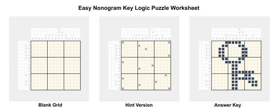 Easy key nonogram worksheet with start grid, hint version, and answer key. it represents printable logic training and visual problem solving