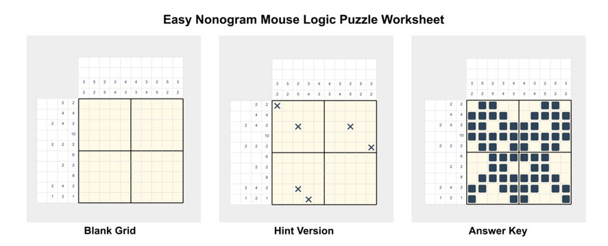 Mouse nonogram worksheet with start grid, hint version, and answer key. it represents printable logic practice and step by step problem solving