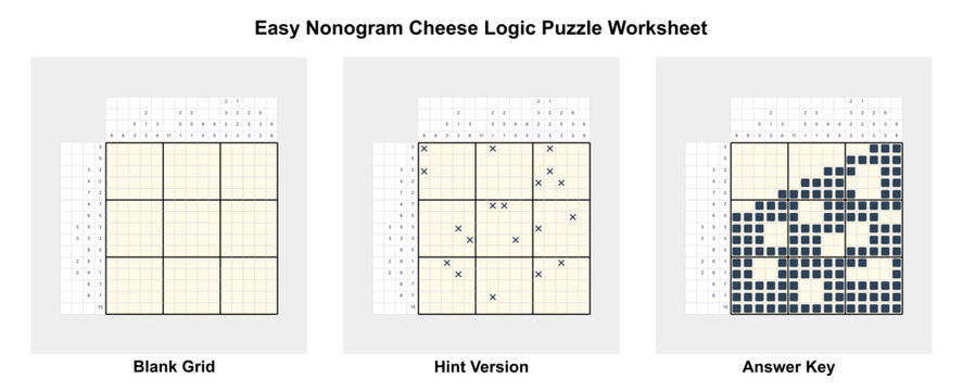 Easy cheese nonogram worksheet with start grid, hint version, and answer key. it conveys logic puzzle practice and printable brain training