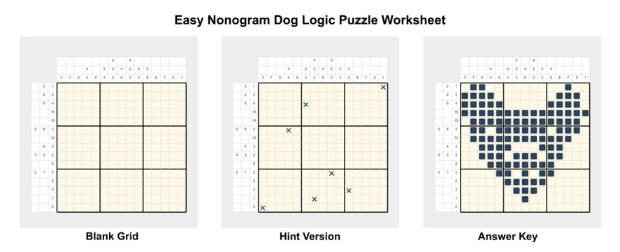 Dog nonogram worksheet with start grid, hint version, and answer key. it represents printable logic practice and step by step reasoning