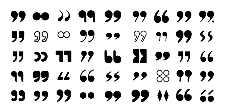 Quotation marks typographic set, doodle punctuation icons with retro comic style, hand-drawn ink shapes on white