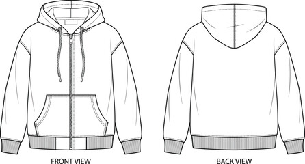 Technical fashion flat sketch of oversized zip up hoodie sweatshirt template showing front view and back view isolated on white background vector illustration © Malati