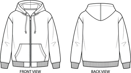 Technical fashion flat sketch of classic zip up hoodie sweatshirt template displaying front view and back view isolated on white background vector illustration © Malati
