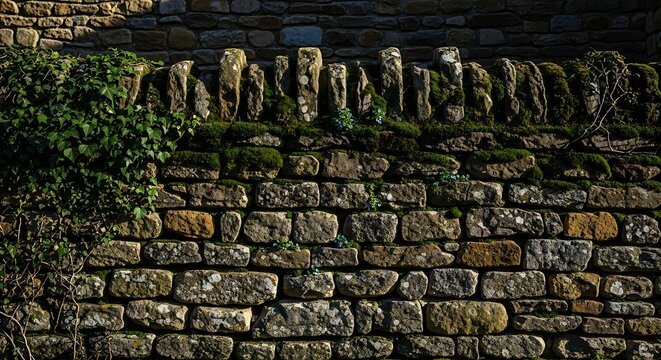 Ancient Stone Carvings Covered with Green Ivy on Wall.