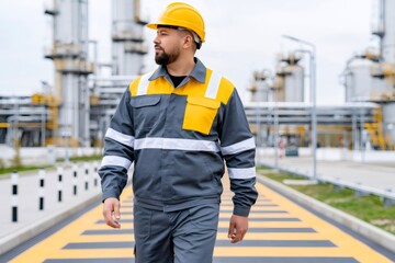 Obraz premium Industrial worker walking at oil refinery plant