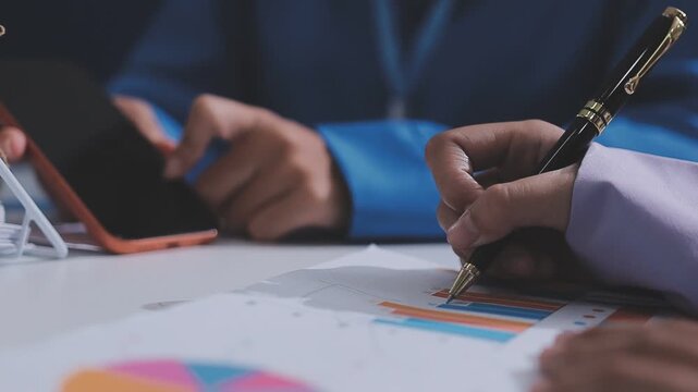 Two accountants examining financial documents using a calculator, taking notes, and discussing results, surrounded by documents and technology in a busy office environment. Audit and taxes in business