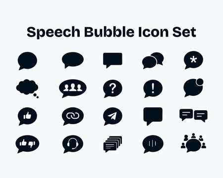 Variety of speech bubble and communication icons including chat messages questions answers feedback likes and group discussion symbols isolated on white background.