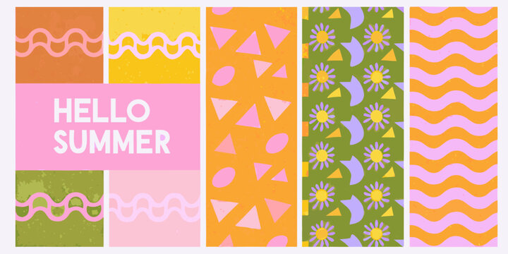 Geometric floral pattern posters with hello summer text vector illustration