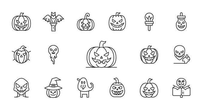 Halloween icons and pumpkin faces.