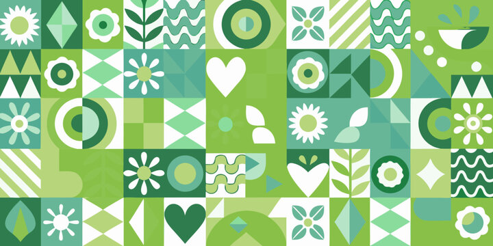 Geometric patchwork pattern in varying shades of green vector illustration