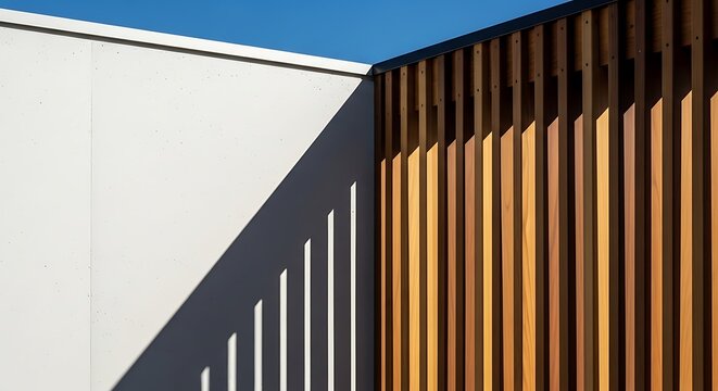 Modern architectural wall detail with wooden vertical slats and black metal frame against a clean white and blue sky background