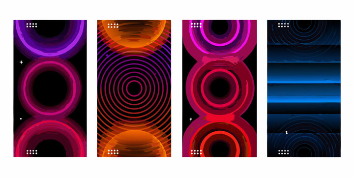 Concentric circle abstract patterns vibrant vector illustrations on black backgrounds