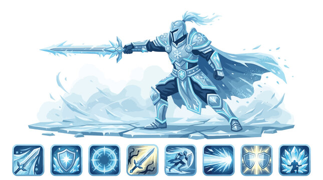 Ice knight warrior in full blue plate armor with snowflake patterns, wielding a crystalline sword on frozen ground with eight frost magic ability skill icons for RPG game UI design.