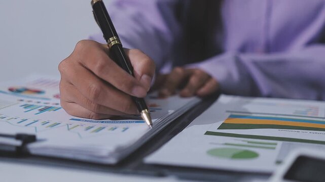 Two accountants examining financial documents using a calculator, taking notes, and discussing results, surrounded by documents and technology in a busy office environment. Audit and taxes in business