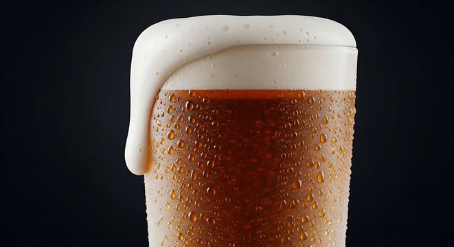 Cold glass of refreshing golden beer with thick white foam head and water droplets on the side