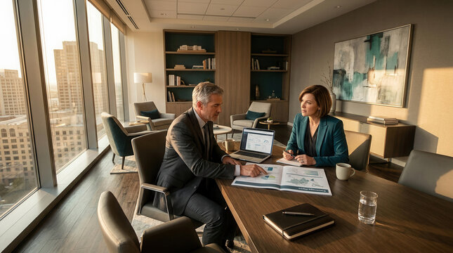 Business Professionals Collaborate In Modern Office With City View And Financial Data