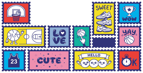 Obraz premium Collection of playful cartoon postage stamps featuring basketball, sneakers, and positive messages.
