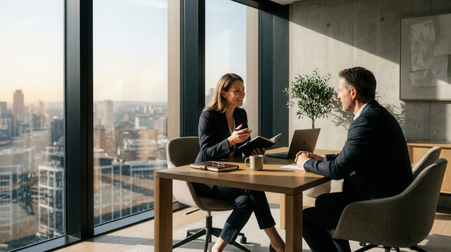 Business Professionals Collaborate in Modern Office with City Views for Corporate Strategy Planning
