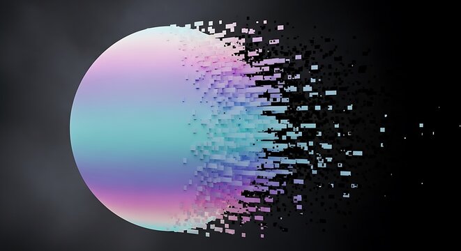 Abstract colorful sphere dissolving into small particles on a dark background