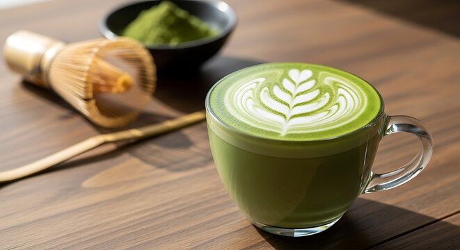 Fresh hot matcha green tea latte in a glass cup with latte art served on a rustic wooden table with matcha powder and bamboo whisk in the background