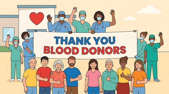 Vector illustration of healthcare workers and donors, bold text &ldquo;Thank You Blood Donors&rdquo;