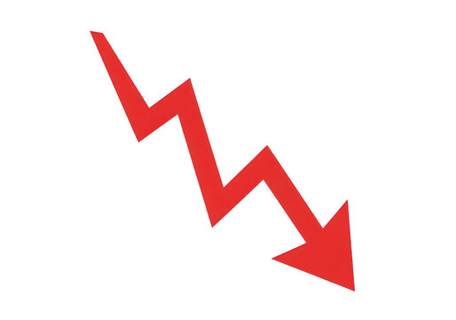 Red downward arrow showing financial loss and market crash, declining business graph symbol for economic recession, falling stock market trend icon for crisis management 