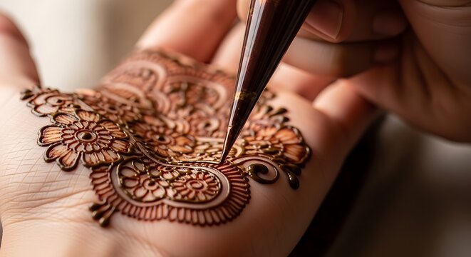Artist drawing beautiful henna tattoo design on a woman hand with a cone for a traditional wedding celebration ceremony