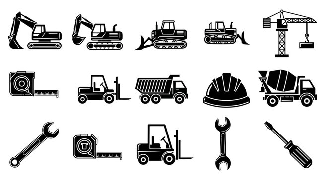 Construction tools and heavy machinery icons.