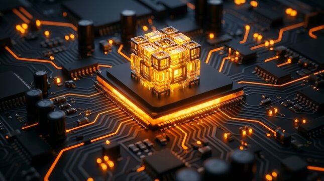 3D Model Artificial Intelligence powered processor on a glowing circuit board, visualizing deep learning, big data, and cybersecurity for future tech presentations.