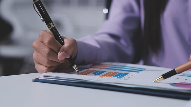 Two accountants examining financial documents using a calculator, taking notes, and discussing results, surrounded by documents and technology in a busy office environment. Audit and taxes in business