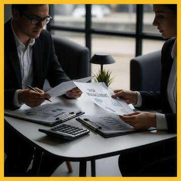 Business Professionals Collaborate Intently Over Risk Management Charts and Financial Reports