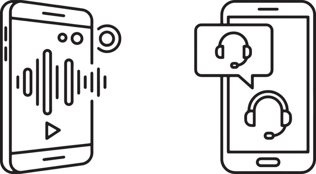 Art & Illustration, Voice recognition frequency sound wave and support headset profile icon vector. Smartphone audio configuration utility illustration.