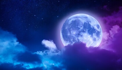 Fototapeta premium Dark Night Full Moon On Beautiful Blue And Purple Neon Color In Cloudy Night Sky With Blank Copy Space Halloween Background