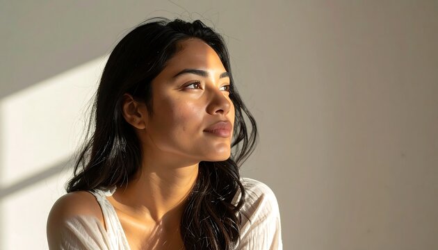Thoughtful Woman Looking Outside From Minimalist Room