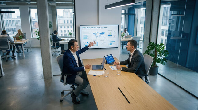 Business Professionals Collaborate On Data Presentation Showing Insurance Coverage Plans Discussion