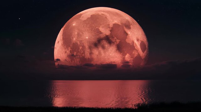 Super red moon rising over calm lake water at night
