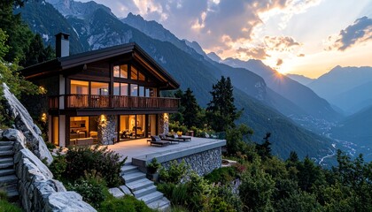 Fototapeta premium Luxurious Chalet Nestled in the Swiss Alps at Sunset.